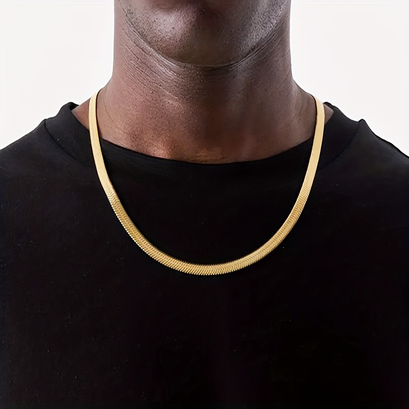 Mens Gold Plated Stainless Steel Flat Snake Link Chain Necklace