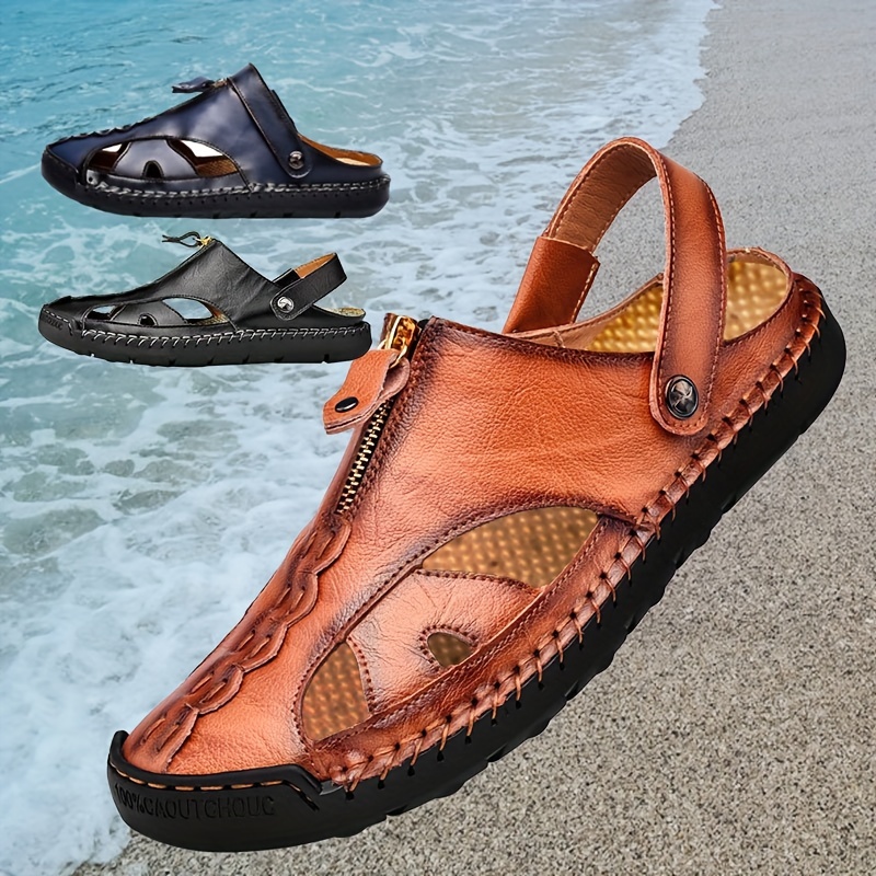 Men hand stitching closed toe comfy soft hot sale leather sandals