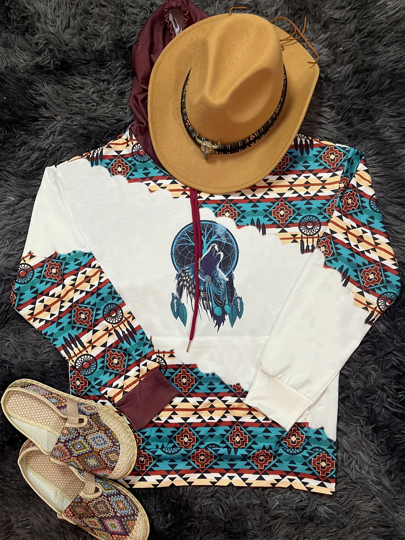 ethnic print kangaroo pocket hoodie vintage drawstring pullover hoodies sweatshirt womens clothing details 2