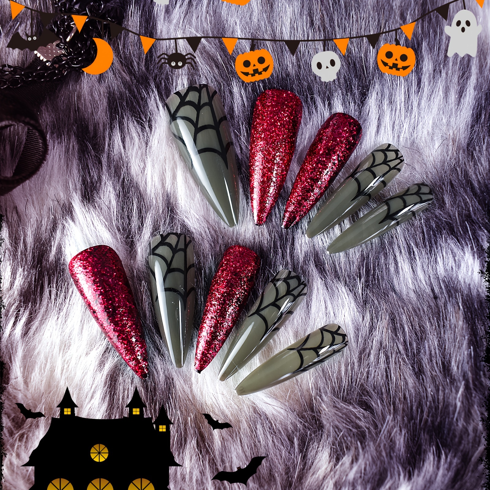 Halloween Press on Nails Long Stiletto Purple Fake Nails Goth Nail Charms  Full Cover RICFDD False Nails with Spider Web Designs Glossy Glue on Nails