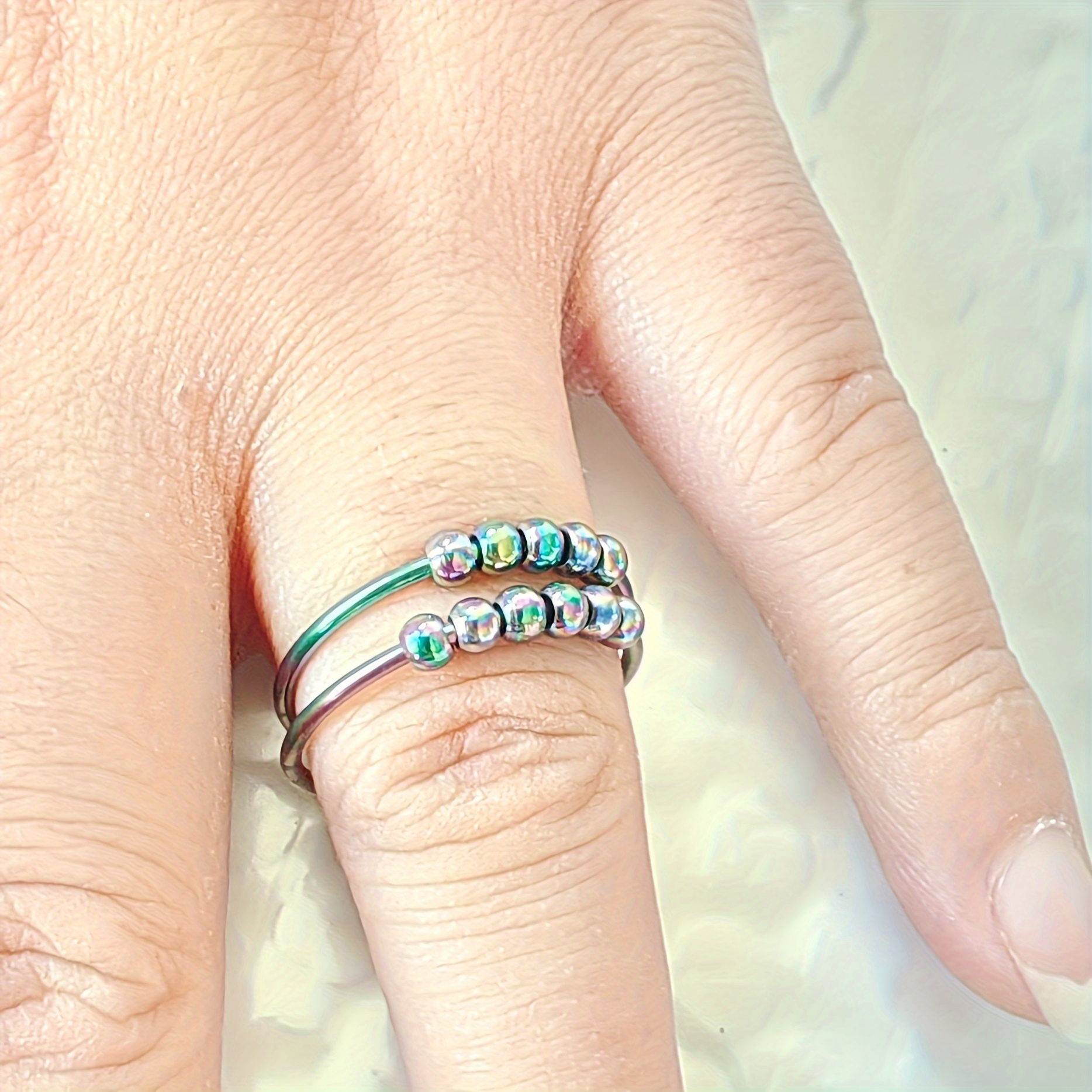 Stainless Steel Anxiety Ring with Spinning Beads - Adjustable Jewelry