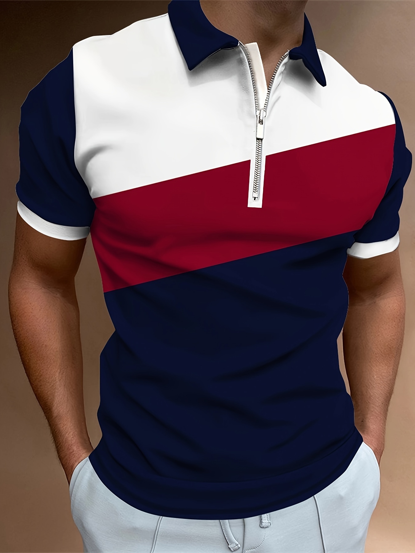 Camisas tipo polo para hombre, estilo casual, cuello con cremallera, manga  corta, bloques de color, camisas de golf, blusas casuales