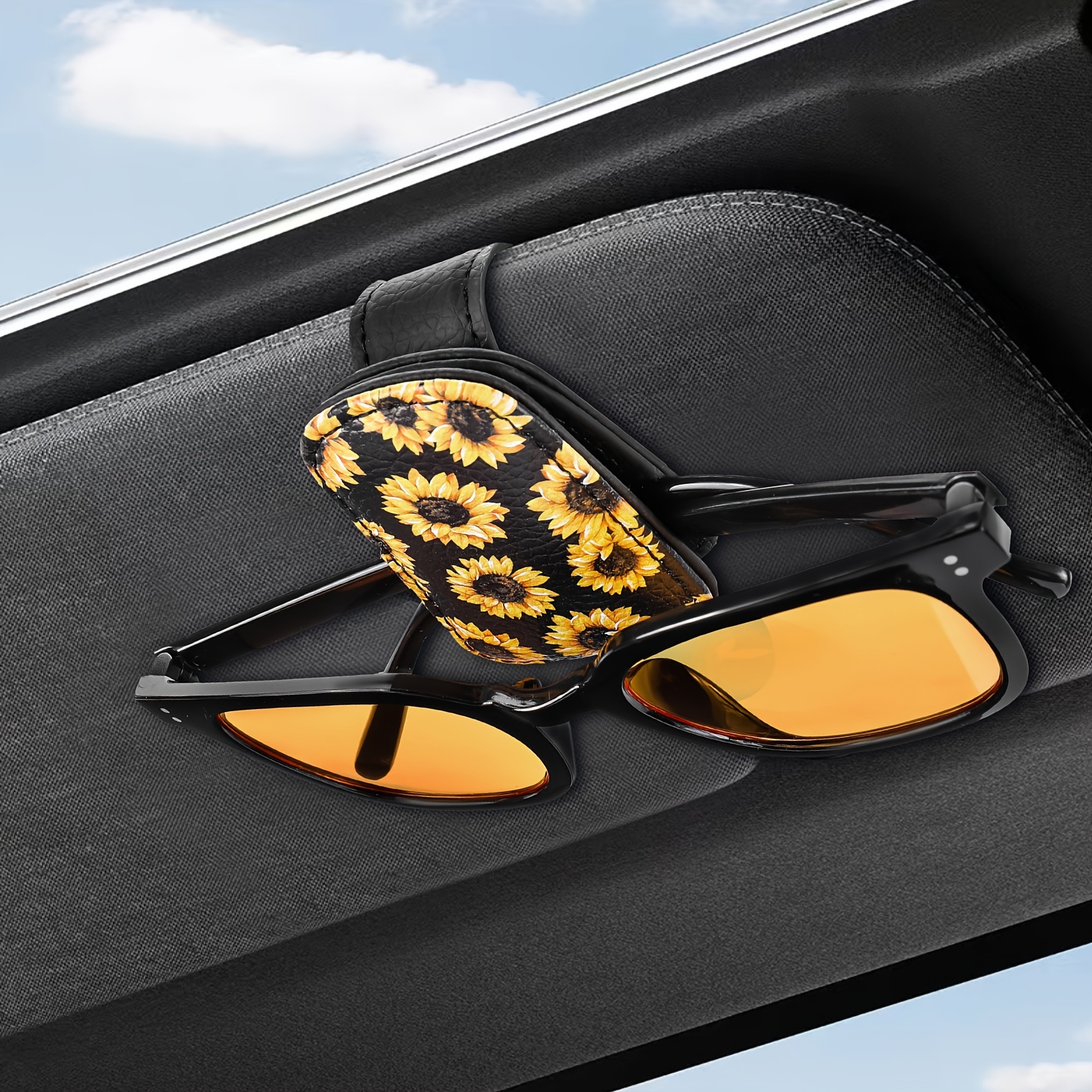 

1pc Sunflower Pattern Sunglasses Holders For Car, Magnetic Faux Leather Sunglasses Clip For Car Sun Visor, Car Interior Sun Visor Accessories
