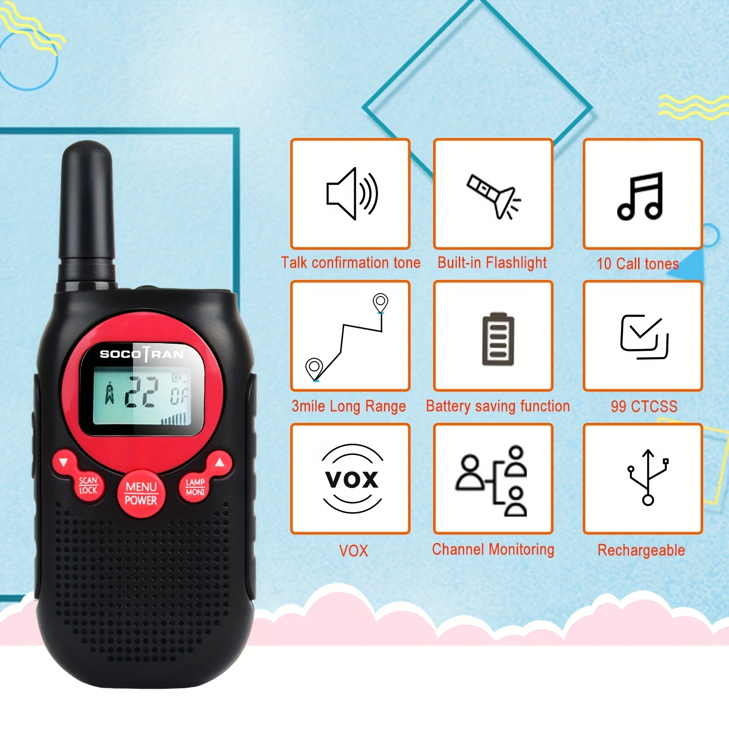 Talkie-walkie longue portée pour adultes avec 22 canaux Frs