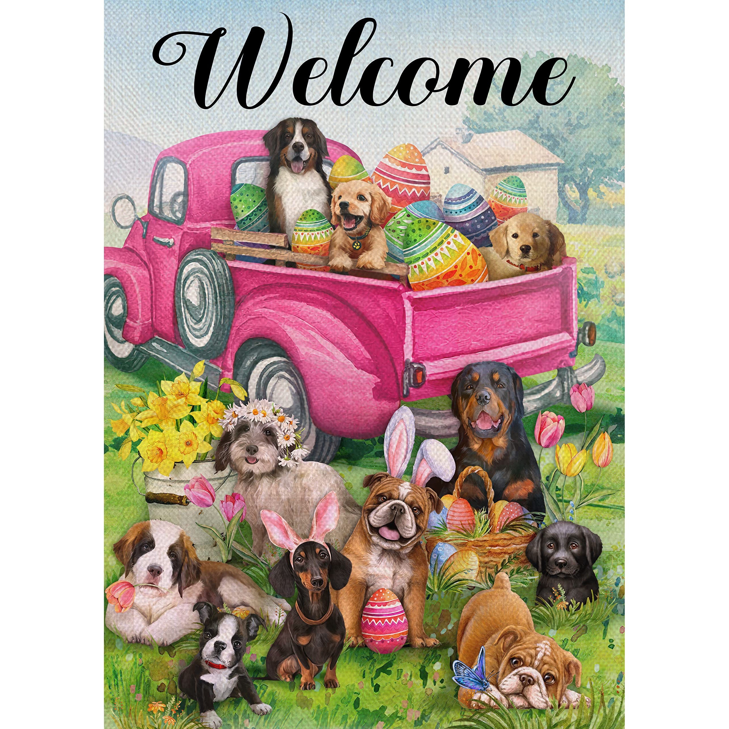 

1pc Home Decorative Welcome Easter Eggs Pink Truck Dog Garden Flag, Country Puppy House Yard Daffodil Tulip Daisy Flowers Outside Decoration Double Sided 12 X 18 Inch (flag Only ) Easter Gift