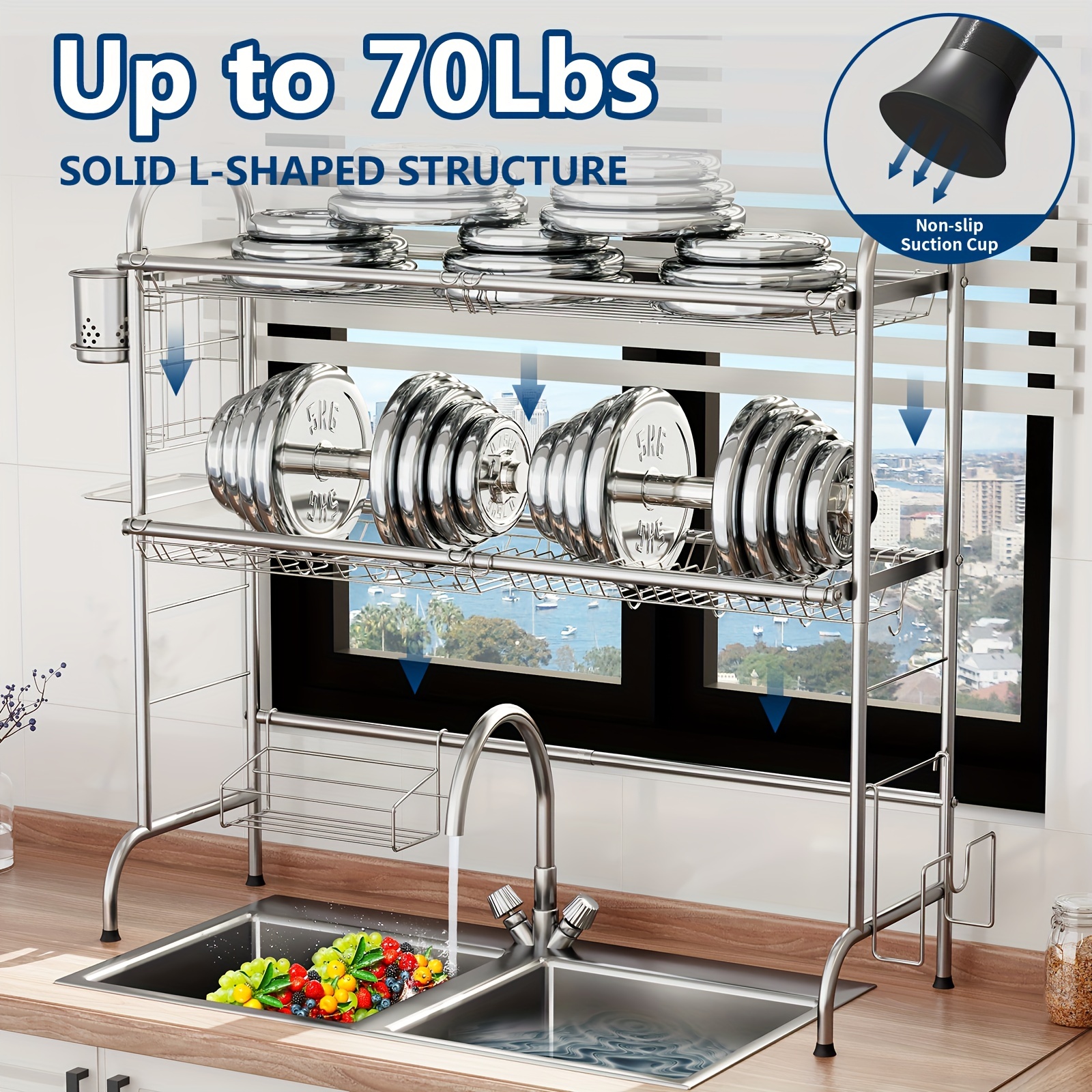 2-Tier over the Sink Dish Drying Rack, Nonslip Height Adjustable