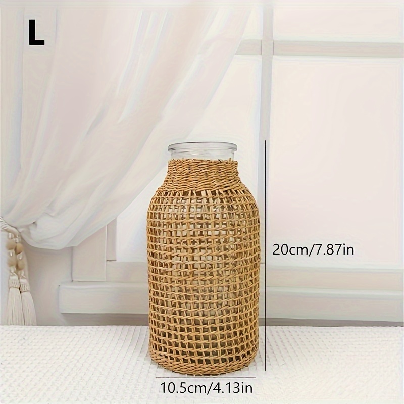 TEMU 1pc Boho Glass Flower Vase With Rattan Cover, Farmhouse Flower Bud Vase, Round Decorative Flower Vase Floral Container Flower Bottle For Floral Arrangements Housewarming Party Home Decor