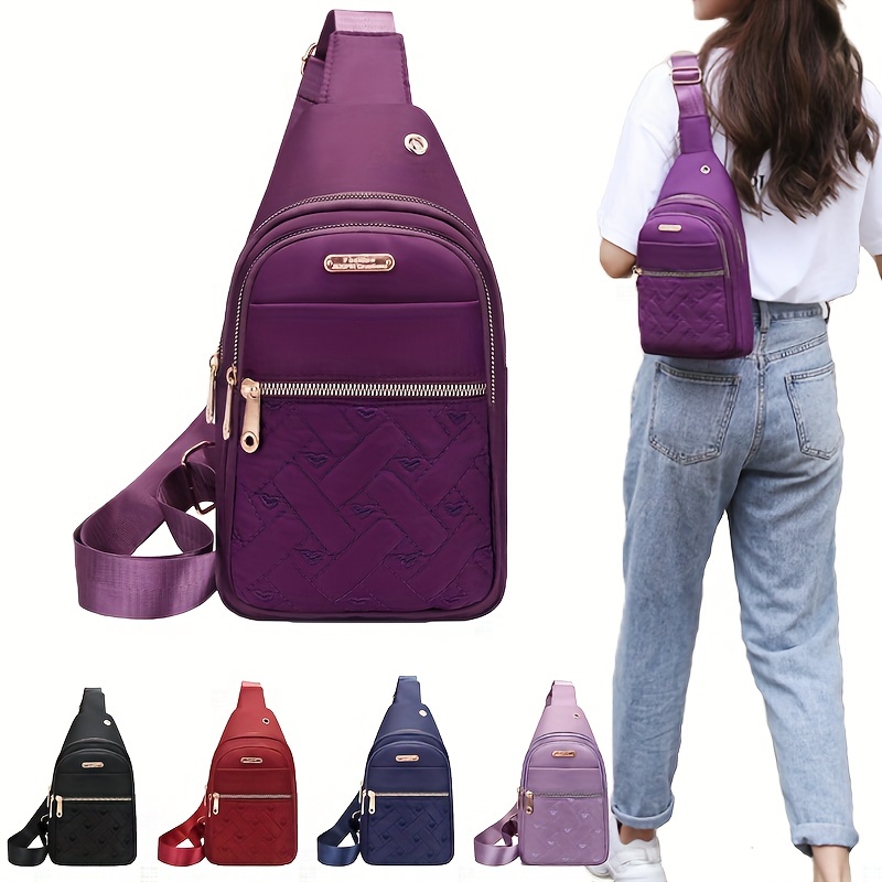 

1pv Heart Pattern Embroidery Nylon Chest Bag, Quilted Diagonal Bag, Fashion Simple Crossbody Bag For Outdoor Travel
