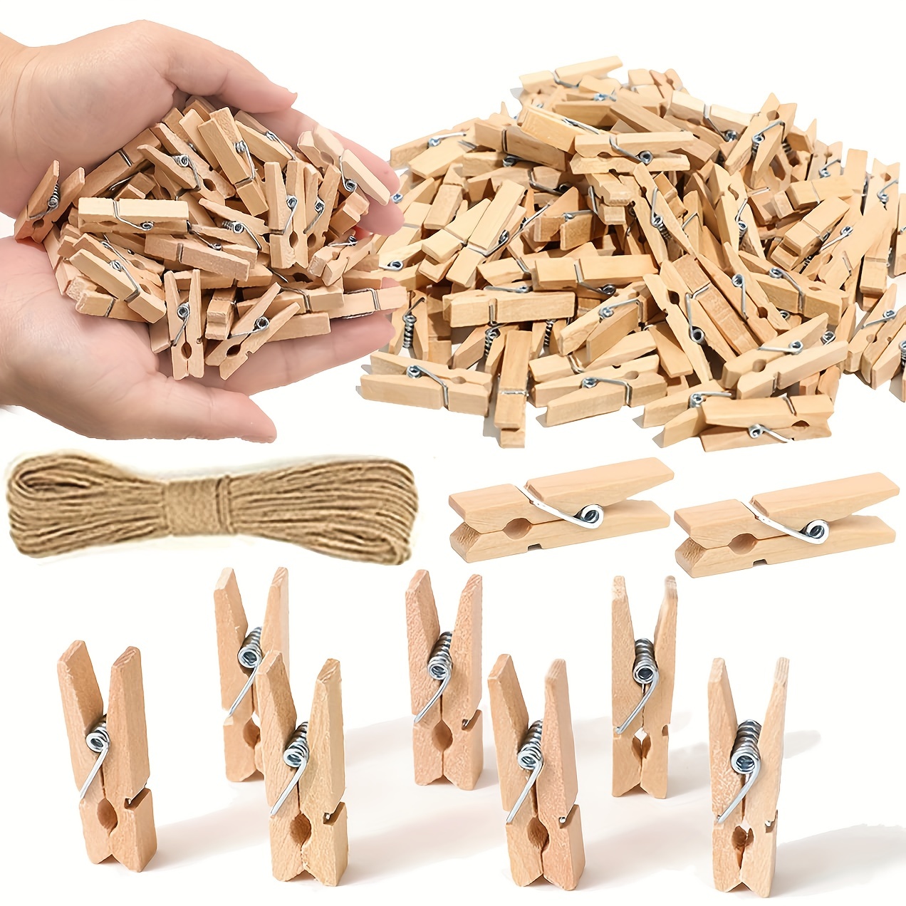 aHeemo Mini Clothespins, Mini Natural Wooden Clothespins with Jute Twine,  Multi-Function Clothespins Photo Paper Peg Pin Craft Clips (Natural 250 Pcs)