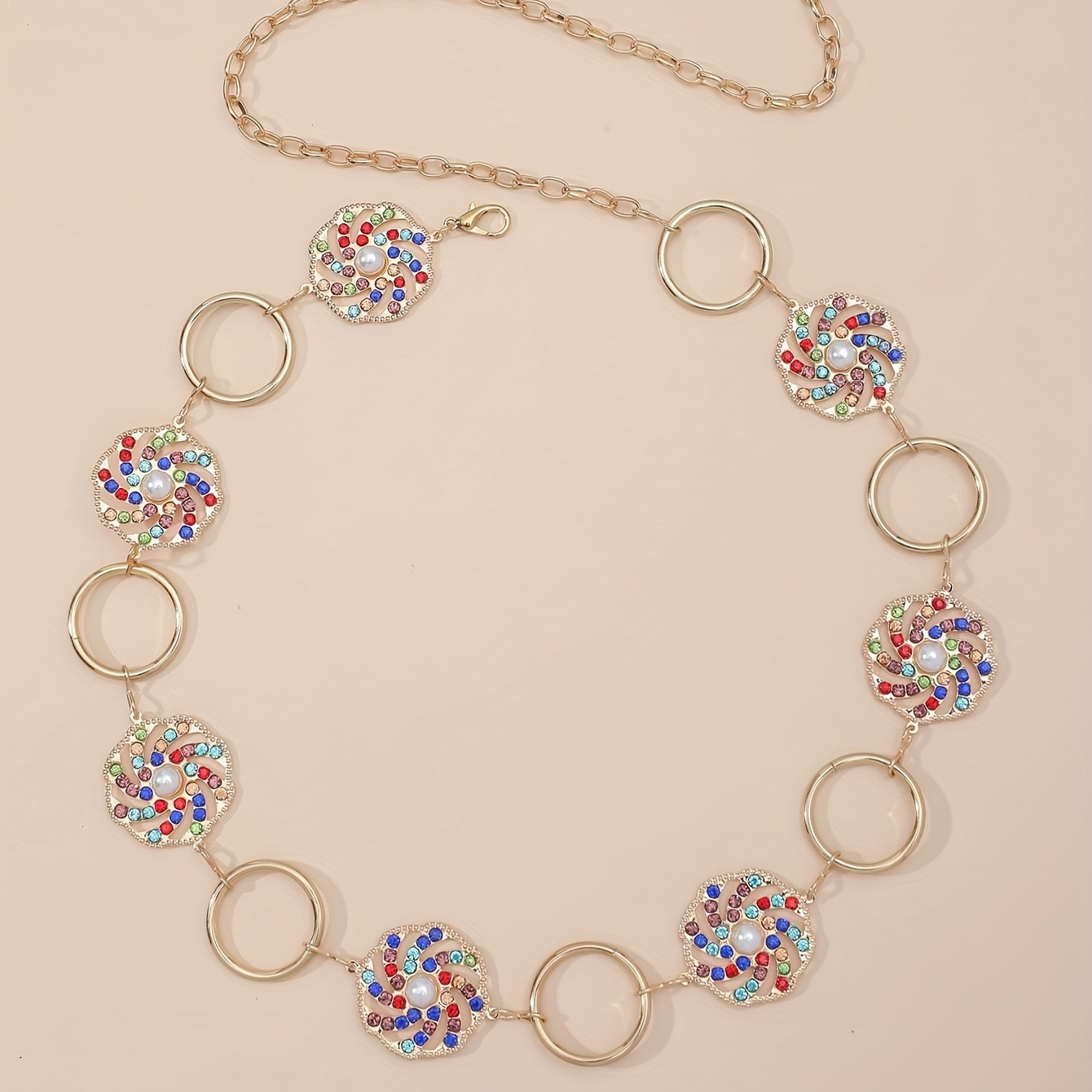 Boho Hollow Out Waist Chain Faux Pearl Rhinestone Decor Belt