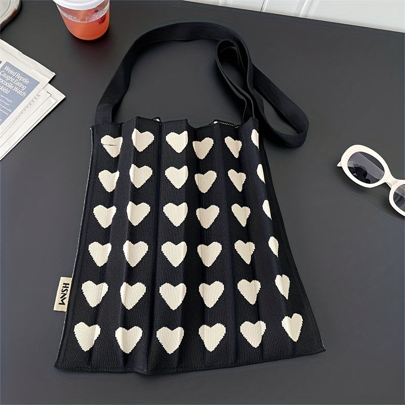 1pc Large Capacity Fashionable Crochet Tote Bag with Heart Pattern,one-size