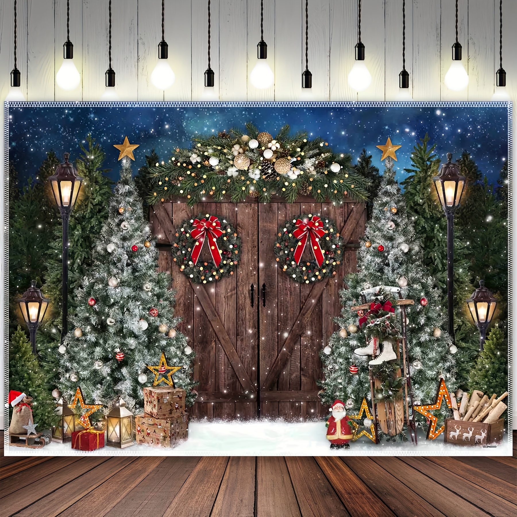 1pc, 7x5ft/8x6ft/10x8ft Winter Christmas Rustic Barn Wood Door Polyester  Photography Backdrop, Xmas Tree Snow Sstarry Sky Party Photo Background  Tapestry, Family Holiday Banner Decorations, Kids Photo
