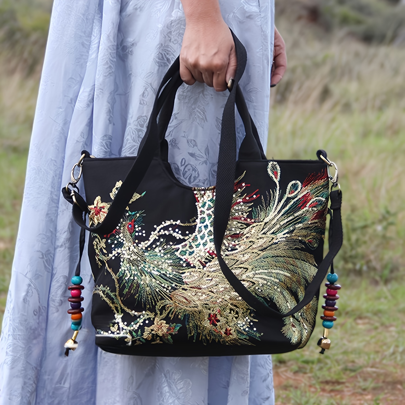 

Trendy Ethnic Style Peacock Sequin Tote Bag, Vintage Canvas Shoulder Bag, Perfect Hadnbag For Shopping Best Gifts For Carnaval