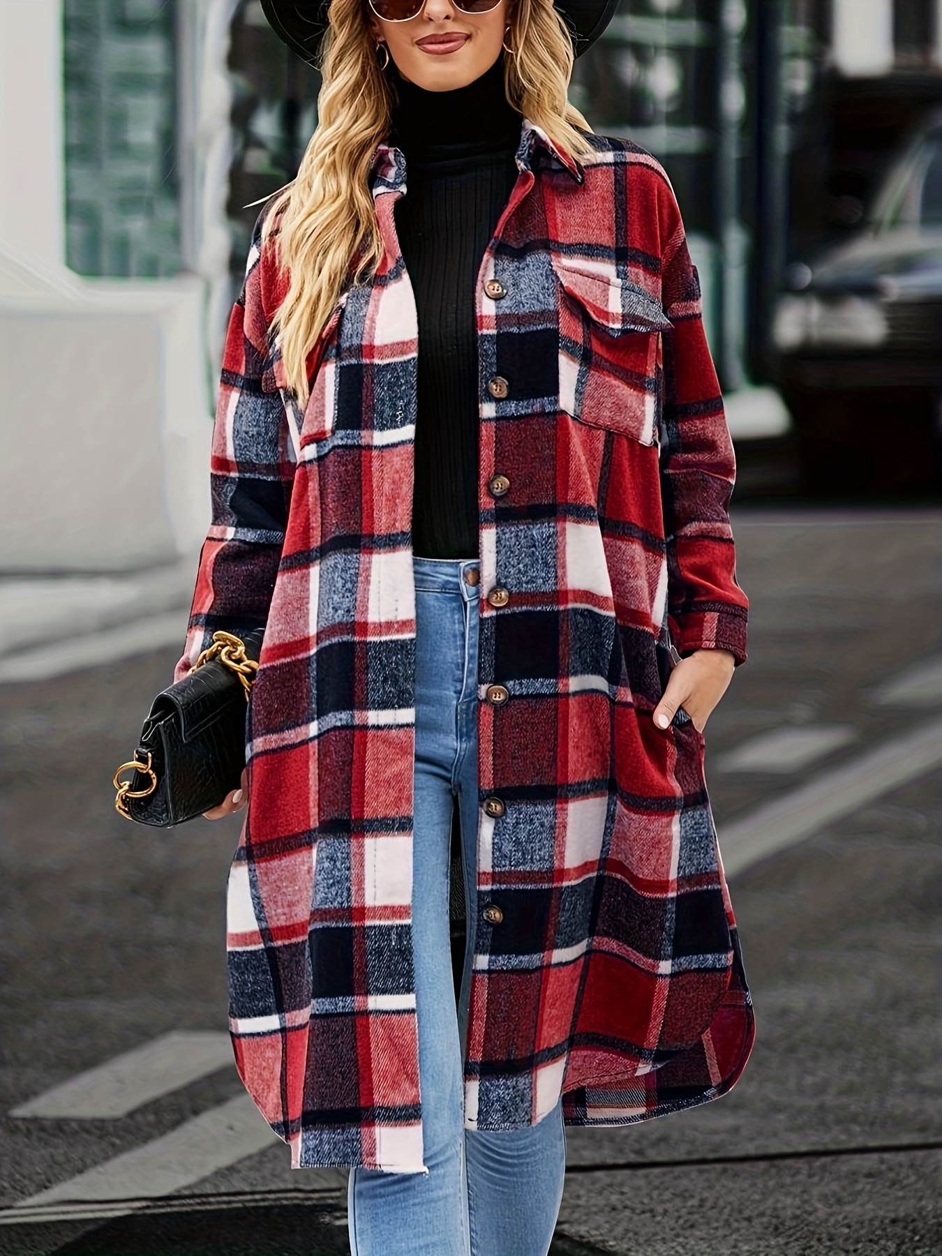 Women Plus Size Casual Lapel Collar Button Design Fuzzy Plaid Splice Coat