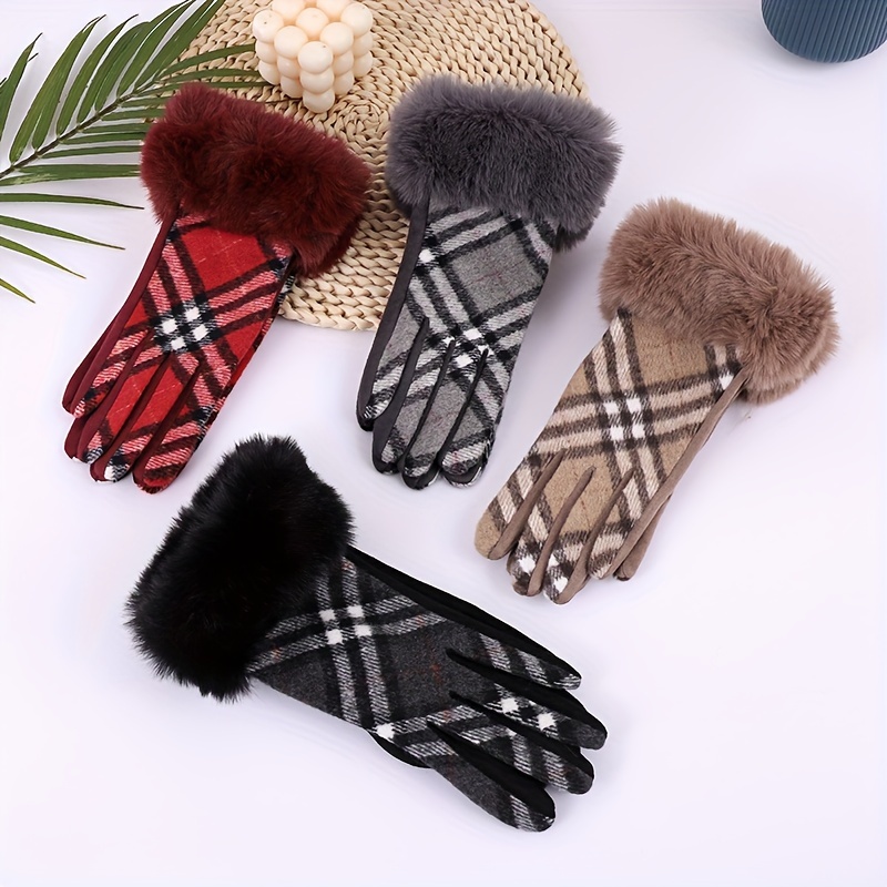 Classic Plaid Plush Cuff Gloves Short Fleece Lined Warm Split Finger Gloves Autumn Winter Coldproof Touchscreen Gloves