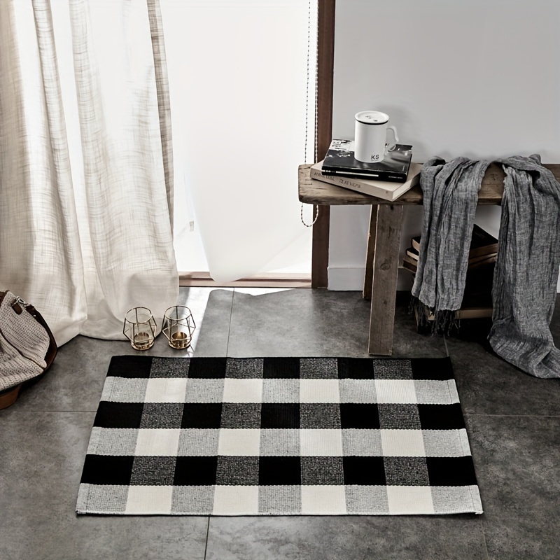 Kitchen Floor Mat Black White Gray Checkered Printed Rug - Temu