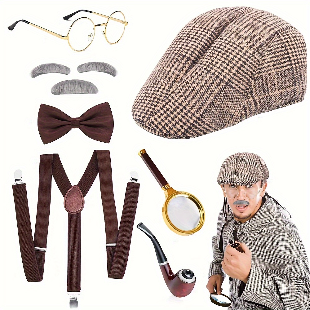 7pcs/set, Accessoires de costume de gangster des années 1920 pour hommes,  Chapeau Panama et bretelles élastiques, Moustache et montre de poche et