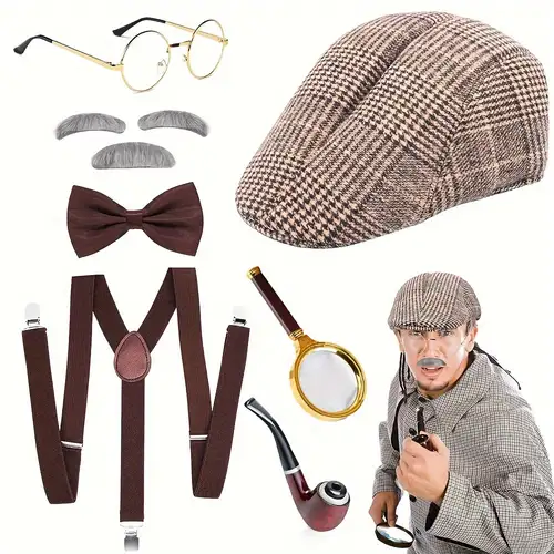 Accessoires pour hommes des années 1920, ensemble de costumes Mafia Gatsby,  chapeau, bretelles élastiques, moustache et montre de poche, cigare, Mode  en ligne