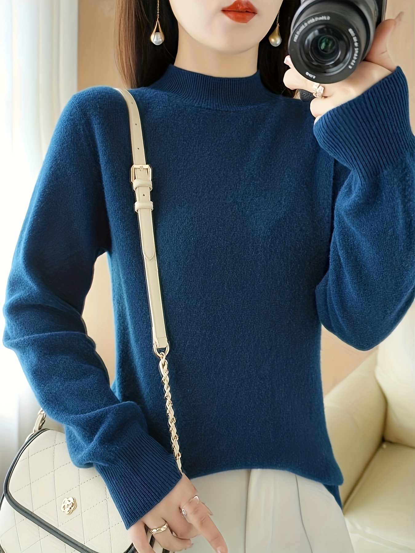 solid mock neck knitted top versatile long sleeve slim sweater womens clothing sea blue 1