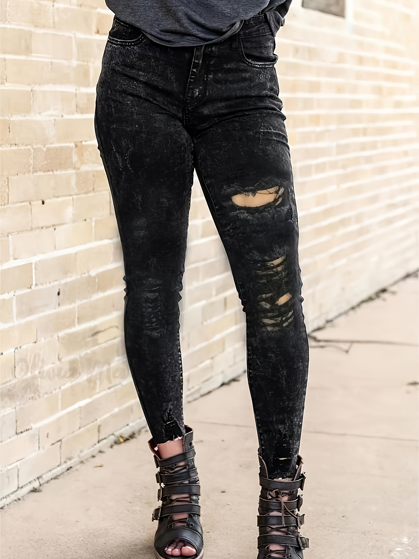 Y2k Streetwear Skinny Jeans Ripped Holes Distressed Fashion - Temu