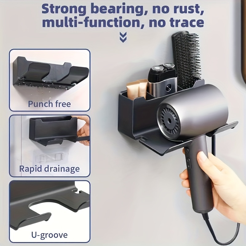 Soporte para secador de pelo, organizador de herramientas de plástico para  el cabello, autoadhesivo, estante para secador de pelo montado en la pared