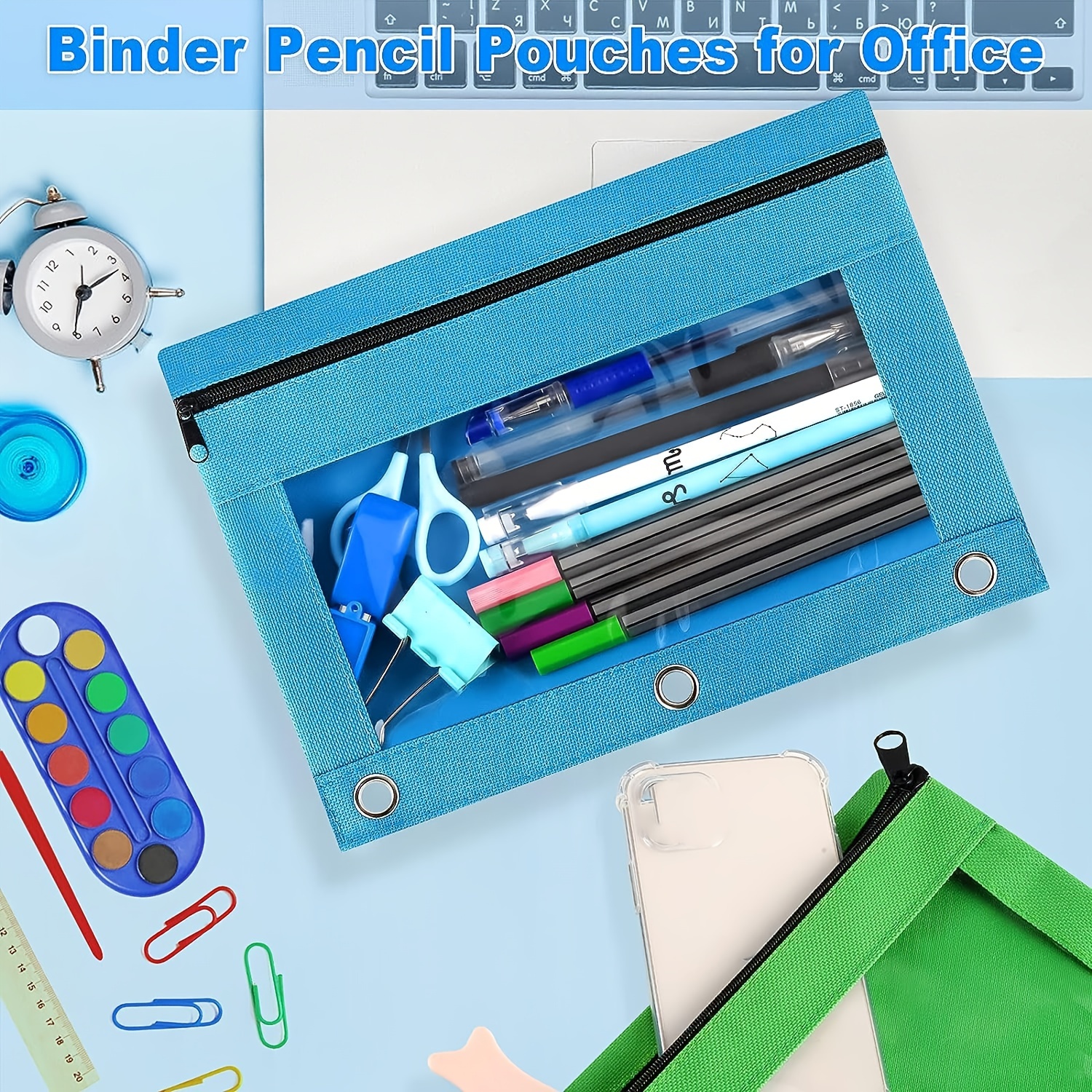 Pencil Pouch 3 Ring Binder Pouch Zippered Pencil Case Canvas Pencil Bag  with 2 C