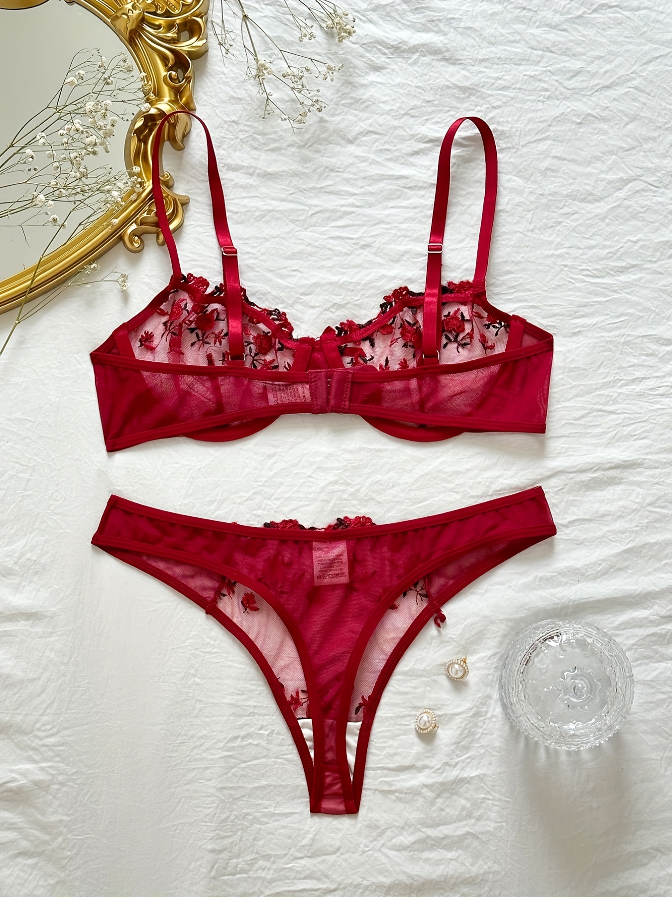 Floral Embroidery Lingerie Set Sheer Bow Tie Unlined Bra - Temu Canada