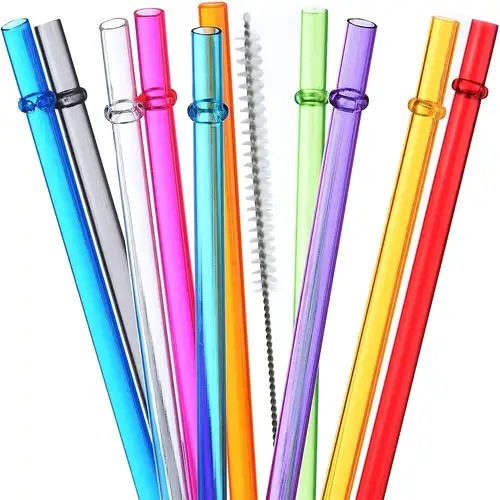 Alink 10.5 Long Rainbow Colored Reusable Plastic Replacement Straws, Set of 10 with Cleaning Brush