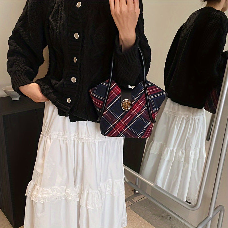 Mini Fashion Plaid Pattern Tote Bag, Trendy Crossbody Bag, Women's Casual Handbag, Shoulder Bag & Purse, Christmas Styling & Gift,Temu