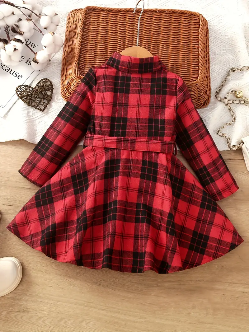 girls classic plaid dress with bowknot belt collar long sleeves dress for spring autumn details 12
