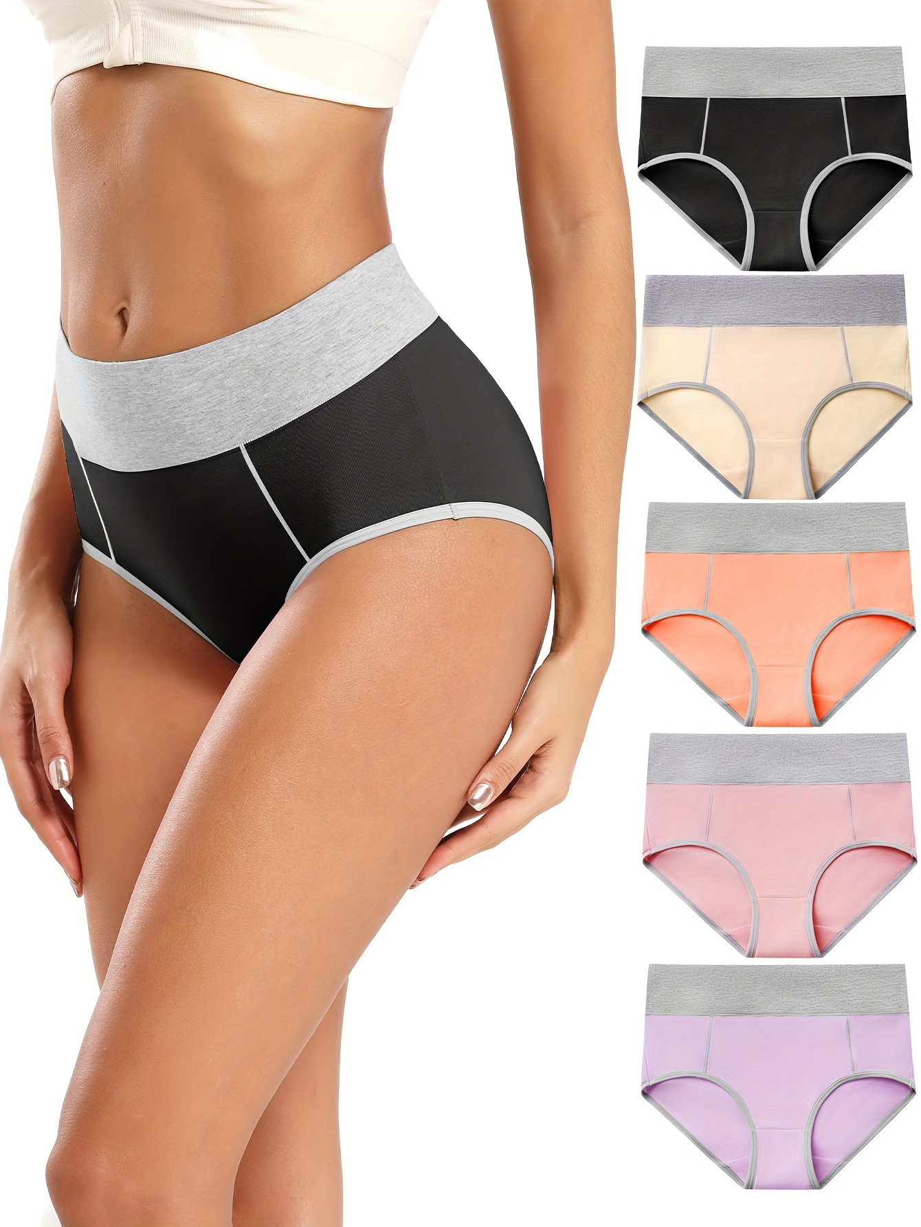 5 Pack Women's Simple Panties Set, Plus Size Contrast Binding Full Coverage  High Rise Comfort Panties 5pcs Set