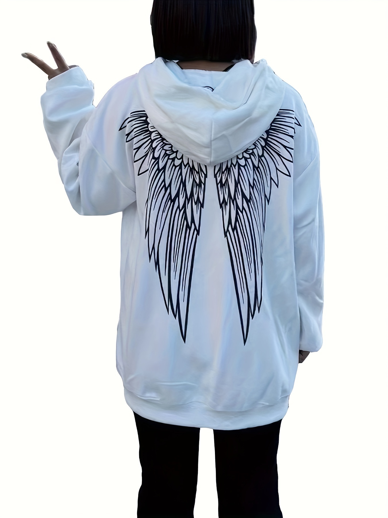 Wings Print Back Hoodies Casual Drawstring Kangaroo Pocket Temu