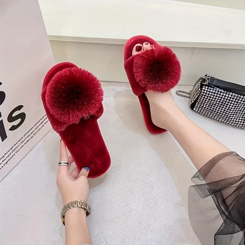 solid color slippers fluffy ball decor slip soft Temu Kuwait