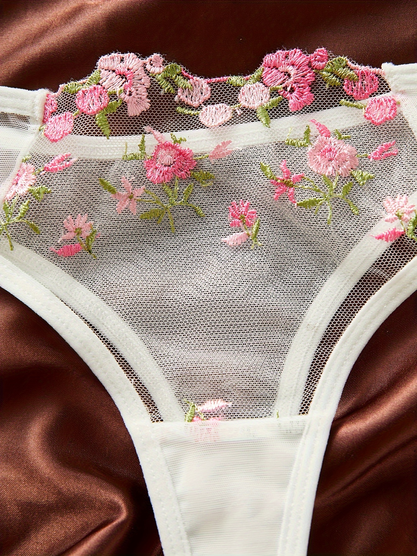 Floral Embroidery Lingerie Set Sheer Unlined Bra Mesh Thong - Temu