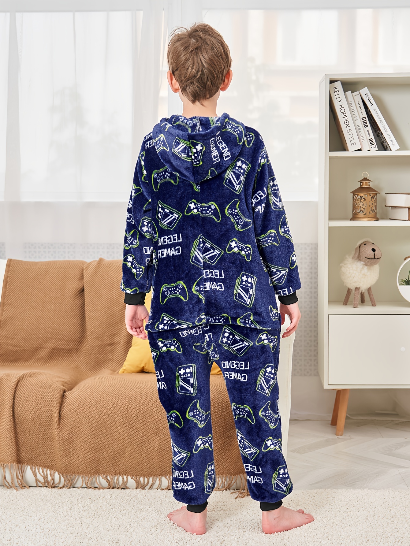 Pack of 2 Nature Pyjamas in Velour for Boys - blue dark solid with  design, Boys