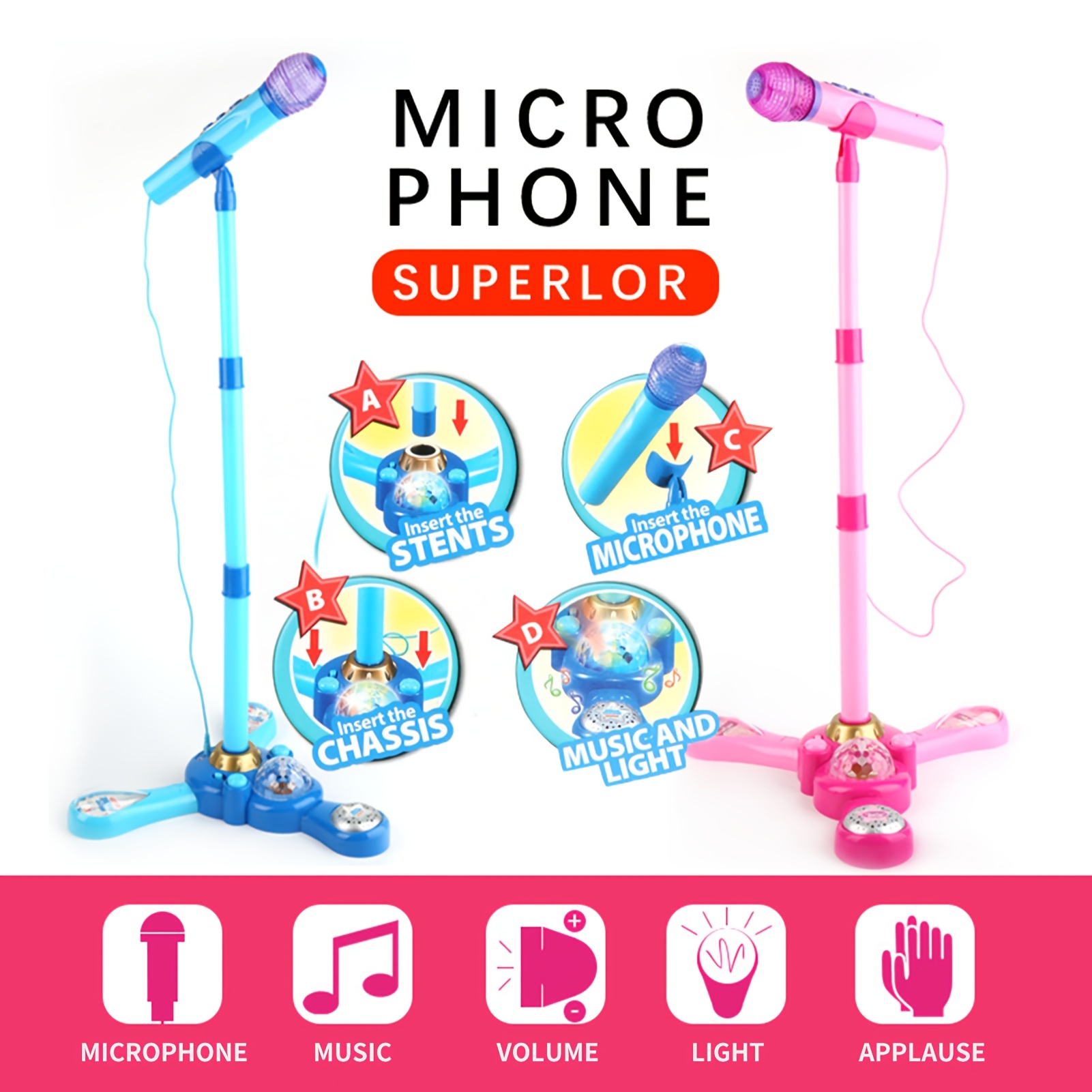 Lot de 2 microphones de karaoké pour enfants, microphone sans fil Bluetooth  avec lumières LED, haut-parleur de karaoké portable pour filles garçons  adultes (bleu et rose rose) bleu et rose rose 
