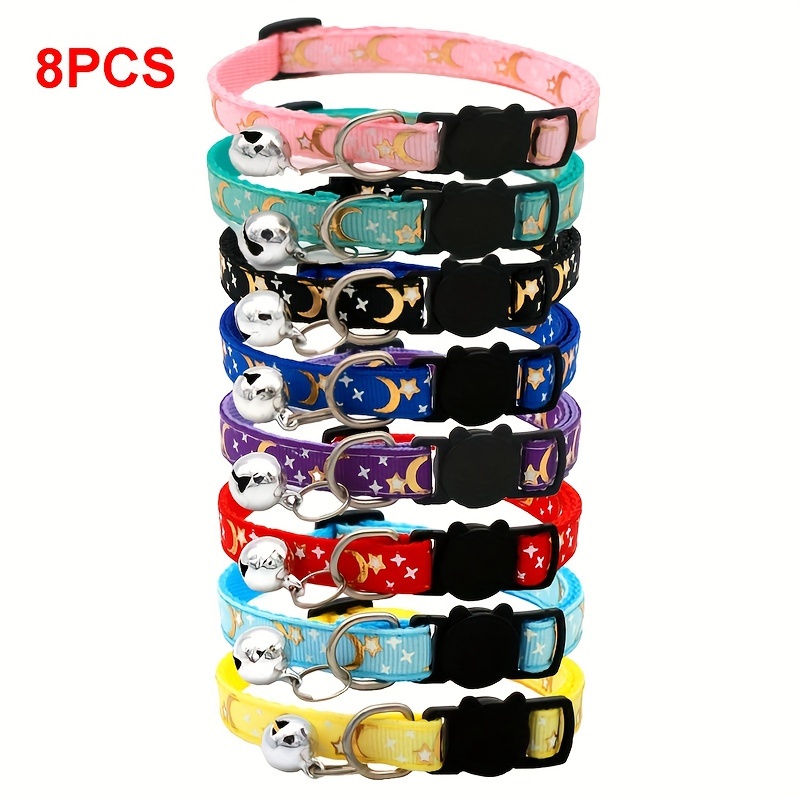

8pcs Cute Cat Collars With Safety Buckle And Bell, Cartoon Moon And Star Print Adjustable Cat Collar Kitty Necklace