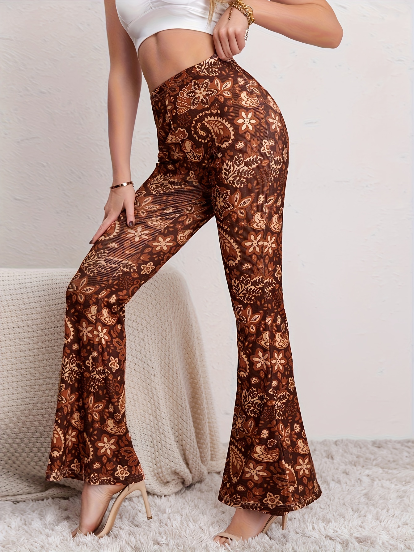 Graphic Print Flare Leg Pants Boho High Waist Pants Spring - Temu