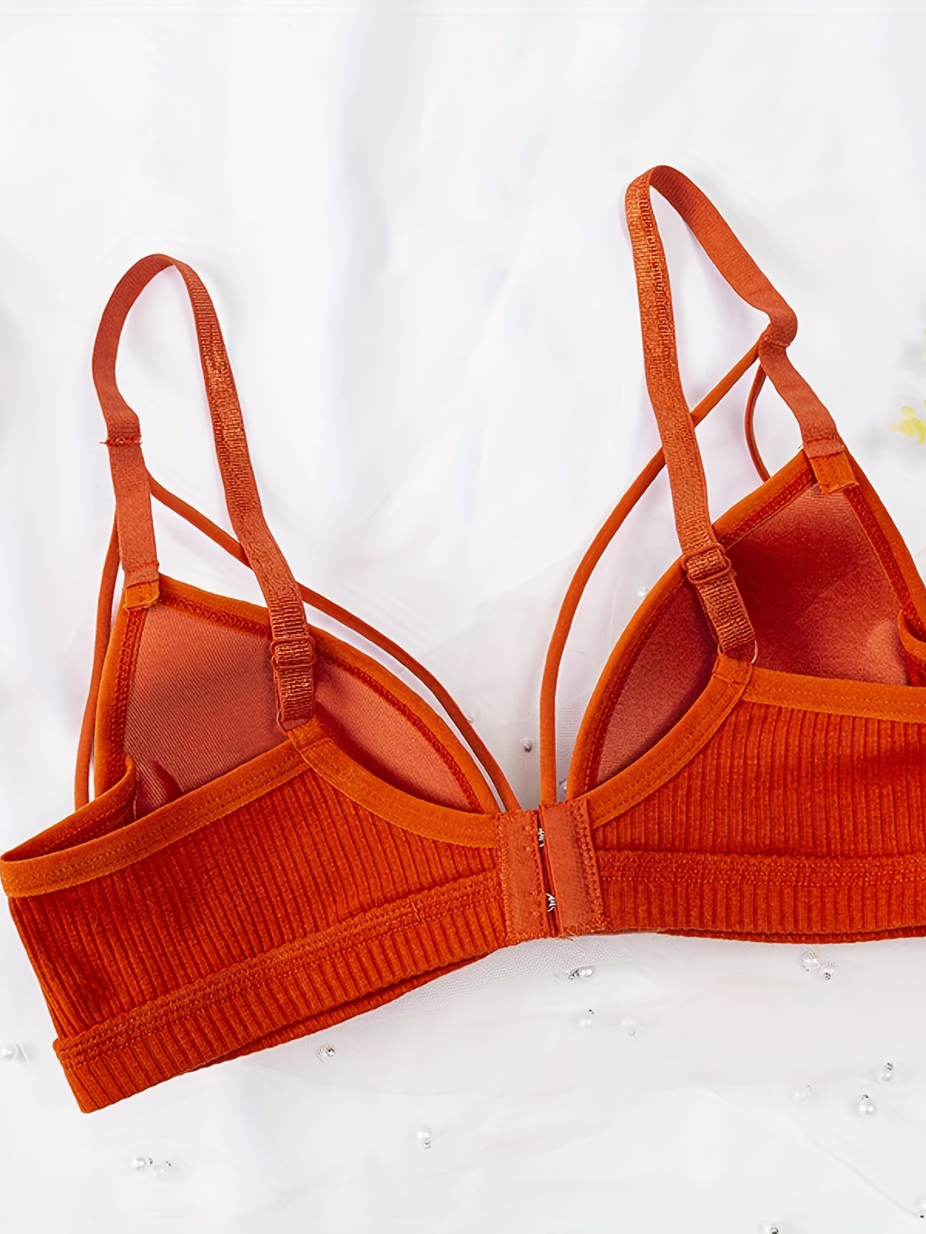 Solid Ribbed Wireless Bra Sexy Triangle Cup Hollow - Temu