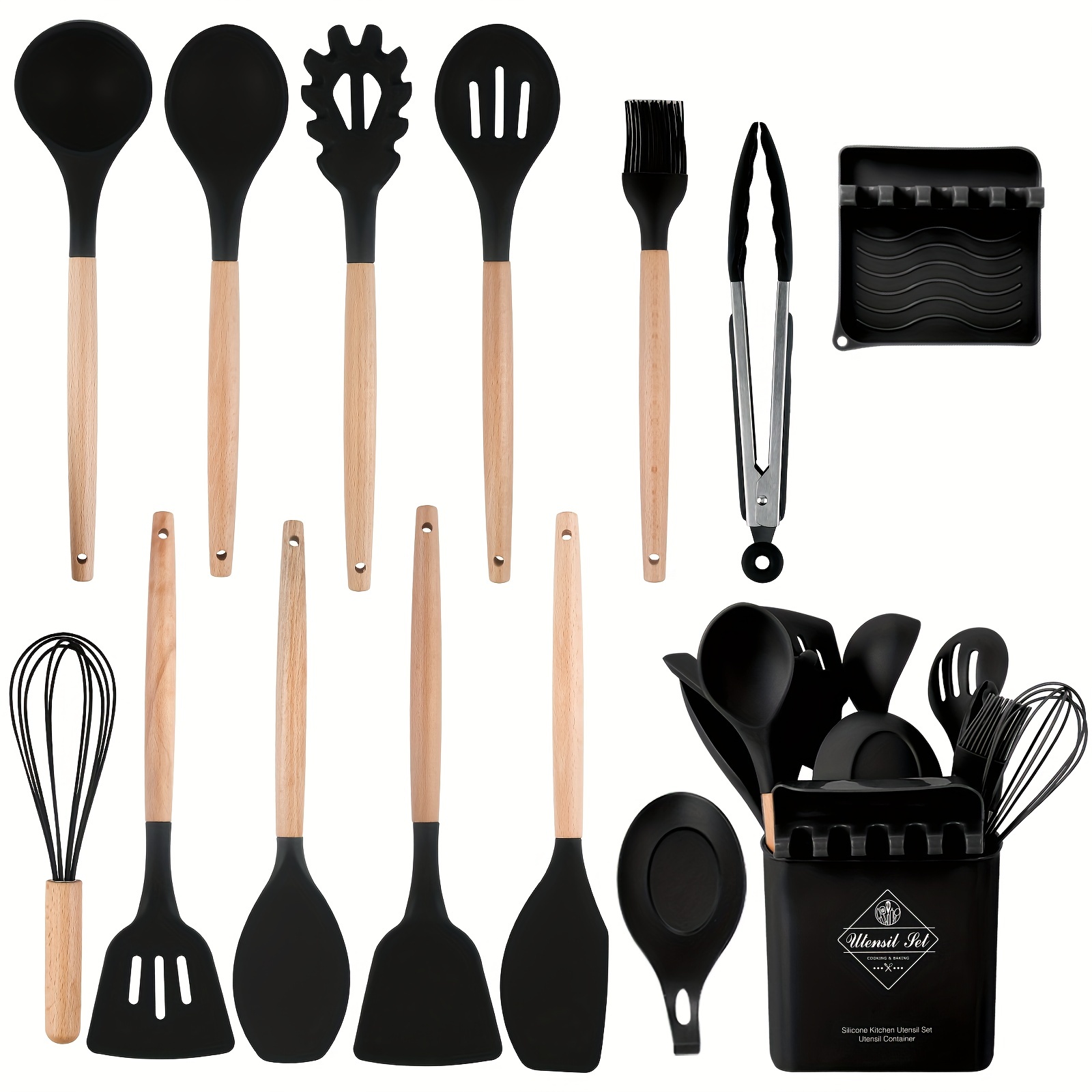 Silicone Kitchen Utensils Set With Storage Bucket, Heat Resistant Cooking  Utensils Set, Non-stick Silicone Kitchen Spatula And Spoon, Egg Beater,  Food Tongs, Measuring Spoon, Kitchen Utensils, Kitchen Supplies, Ready For  School 