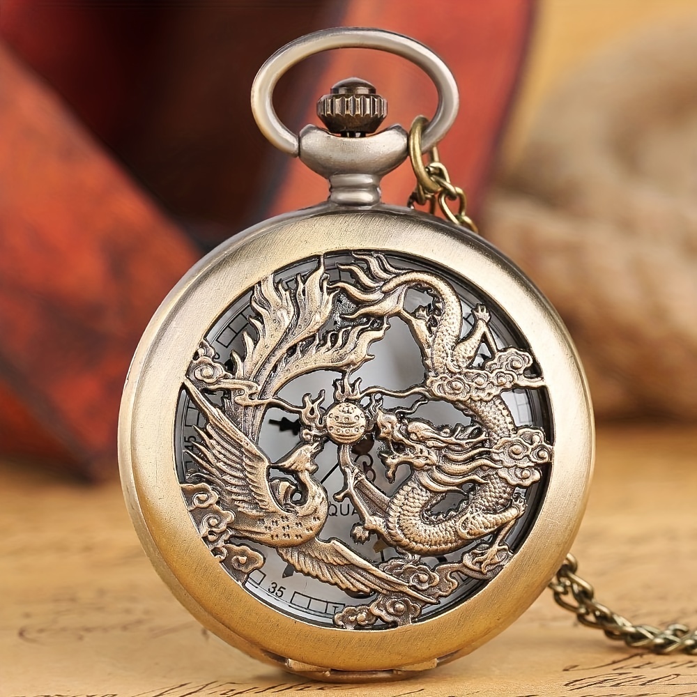 Dragon Phoenix Engraved Pocket Watch - Valentine's Day Gift for Couples