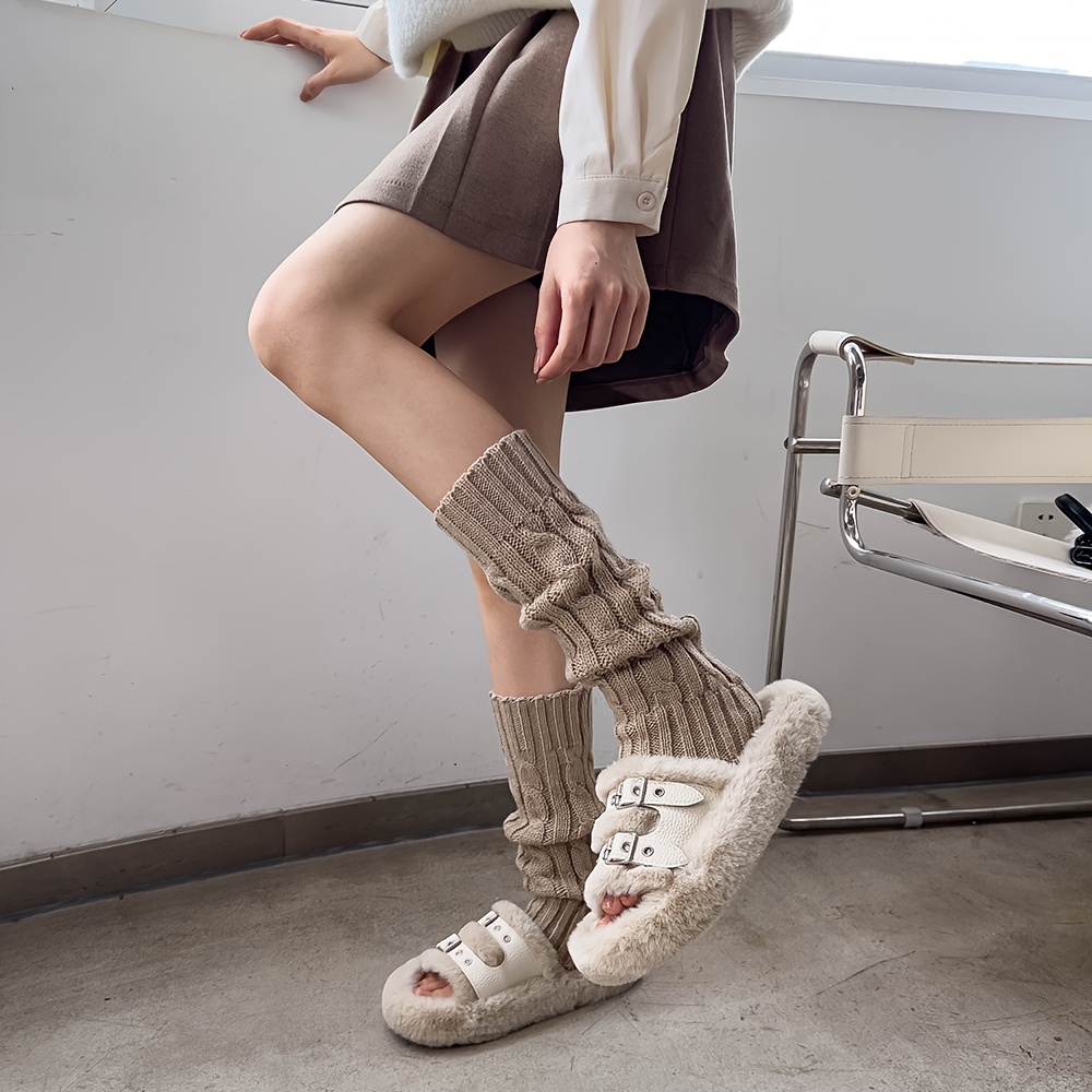 Knitted Womens Zipper Leg Warm Long Leg Warmer Socks With Ankle