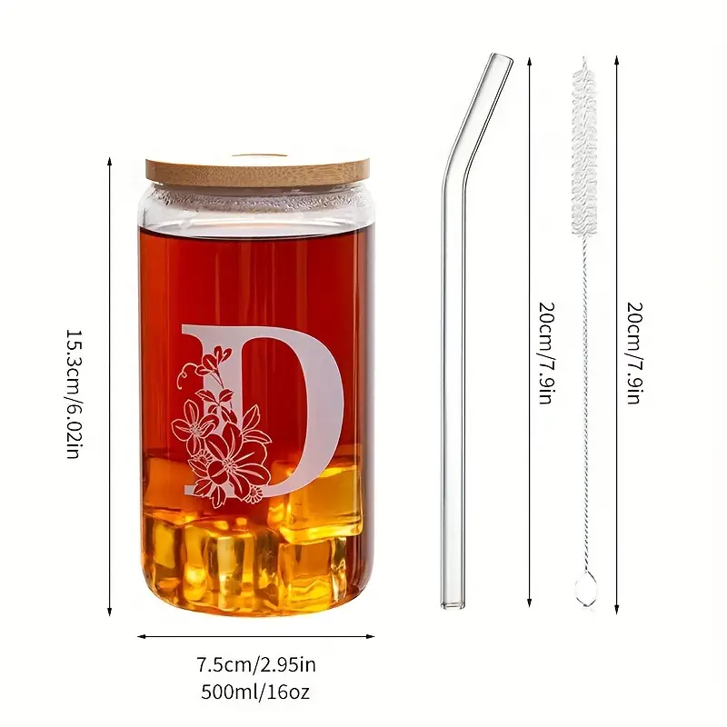 Ice Coffee Cup Bamboo Lid Glass Straw A B C D Letters - Temu