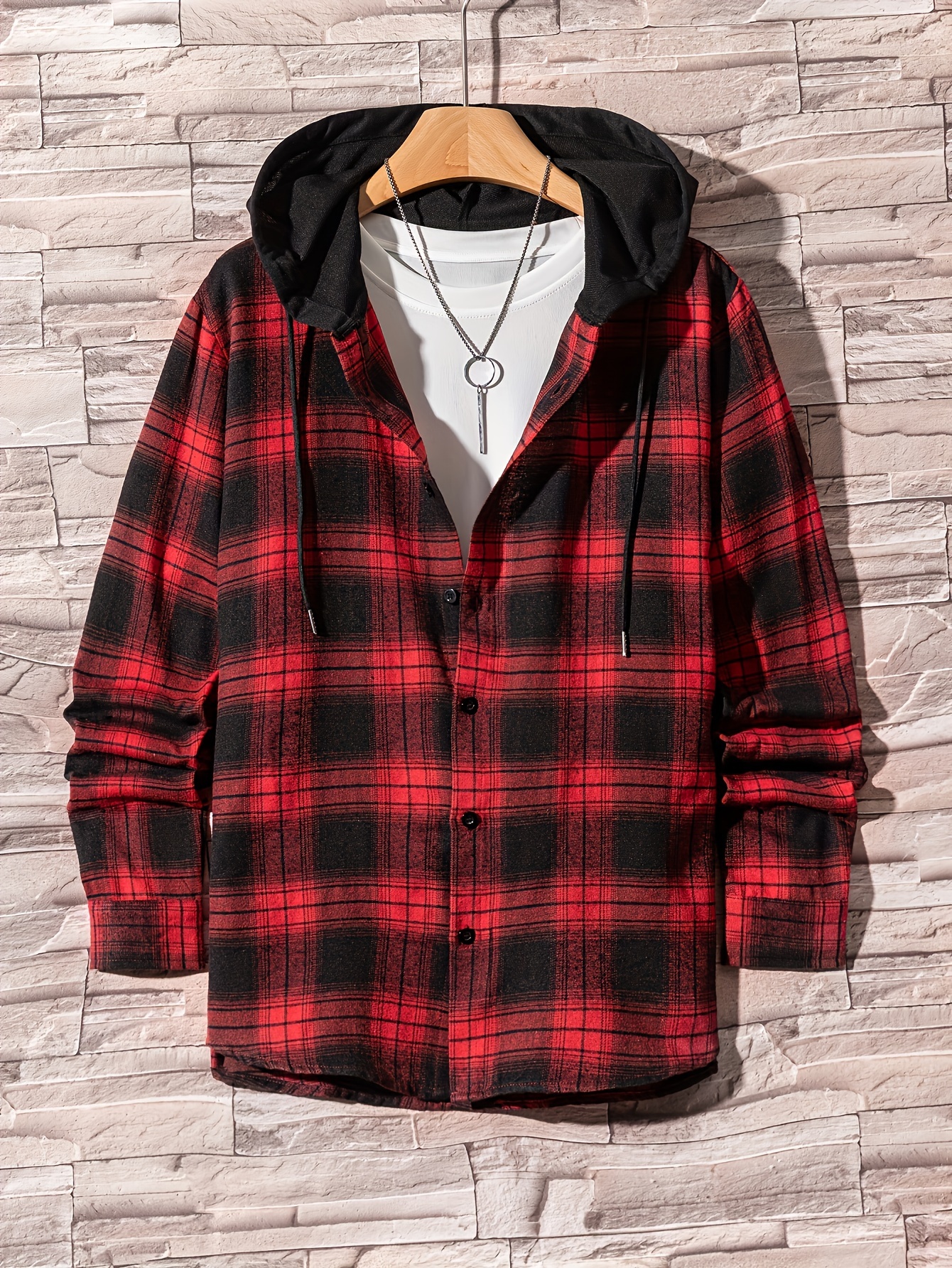 Mens Red And Black Plaid Hoodie And Winter Shirts For Men Set With