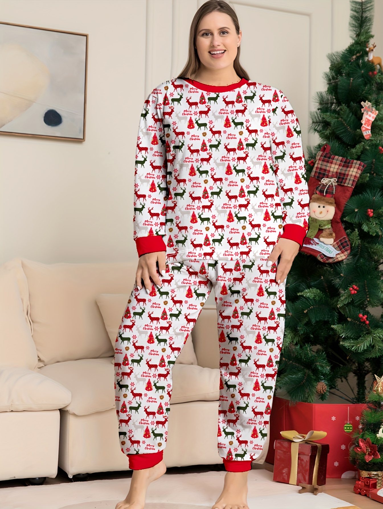 Plus Size Christmas Cute Pajama Set Women's Plus Elk - Temu