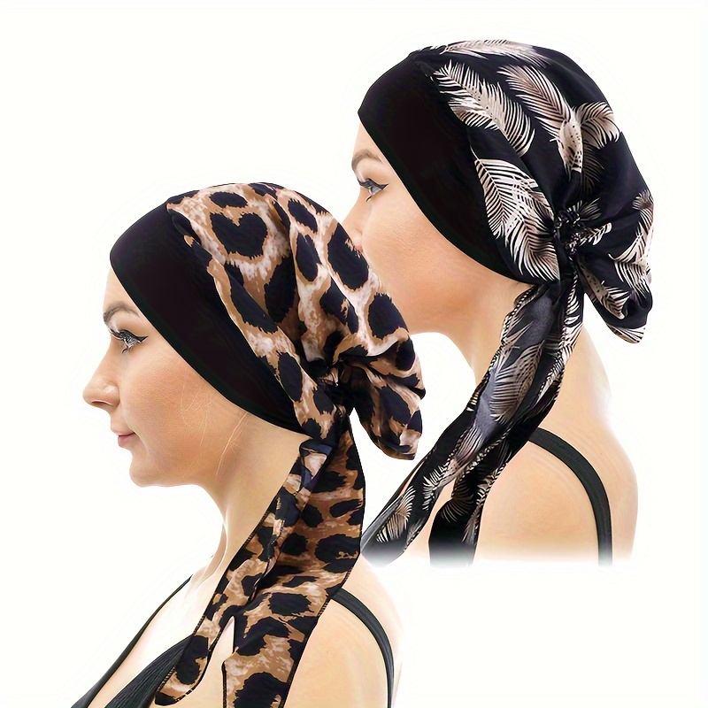 

2pcs Ethnic Style Strap Turban Hat Stretch Wide Brim Stylish Casual Chemo Hat Headscarf For Women