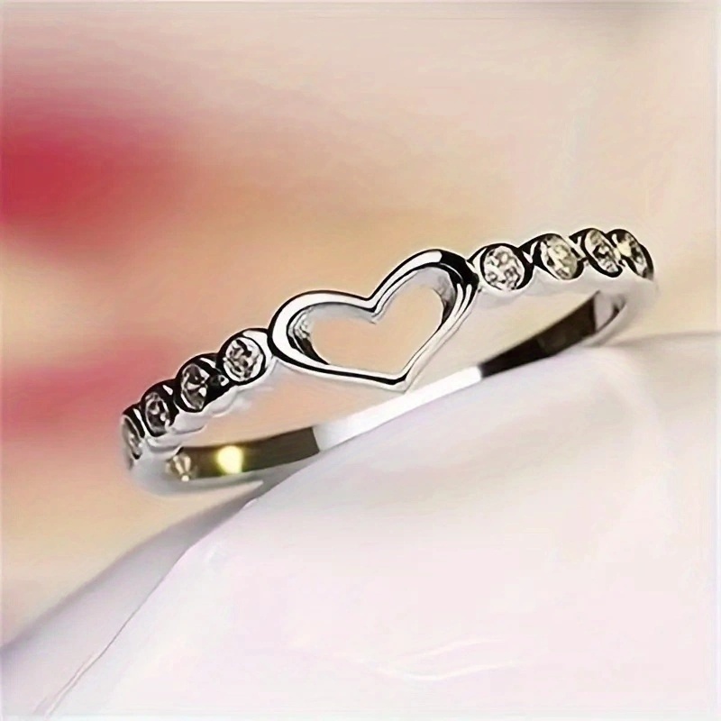 Simple Heart Ring Silver Plated Inlaid Shining Zircon Sweet - Temu