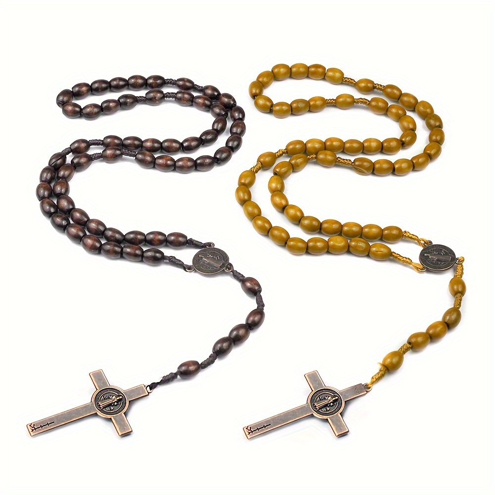 Handmade Wooden Beads Catholic Rosary Necklace with Cross