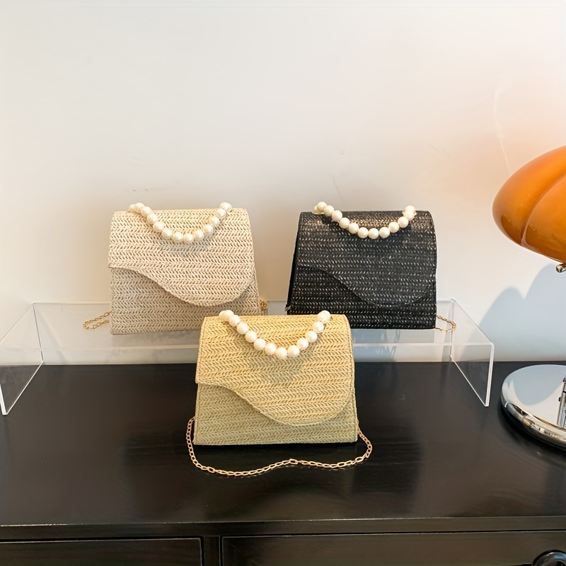 Straw Crossbody Bag Pearl Flap Shoulder Handbag
