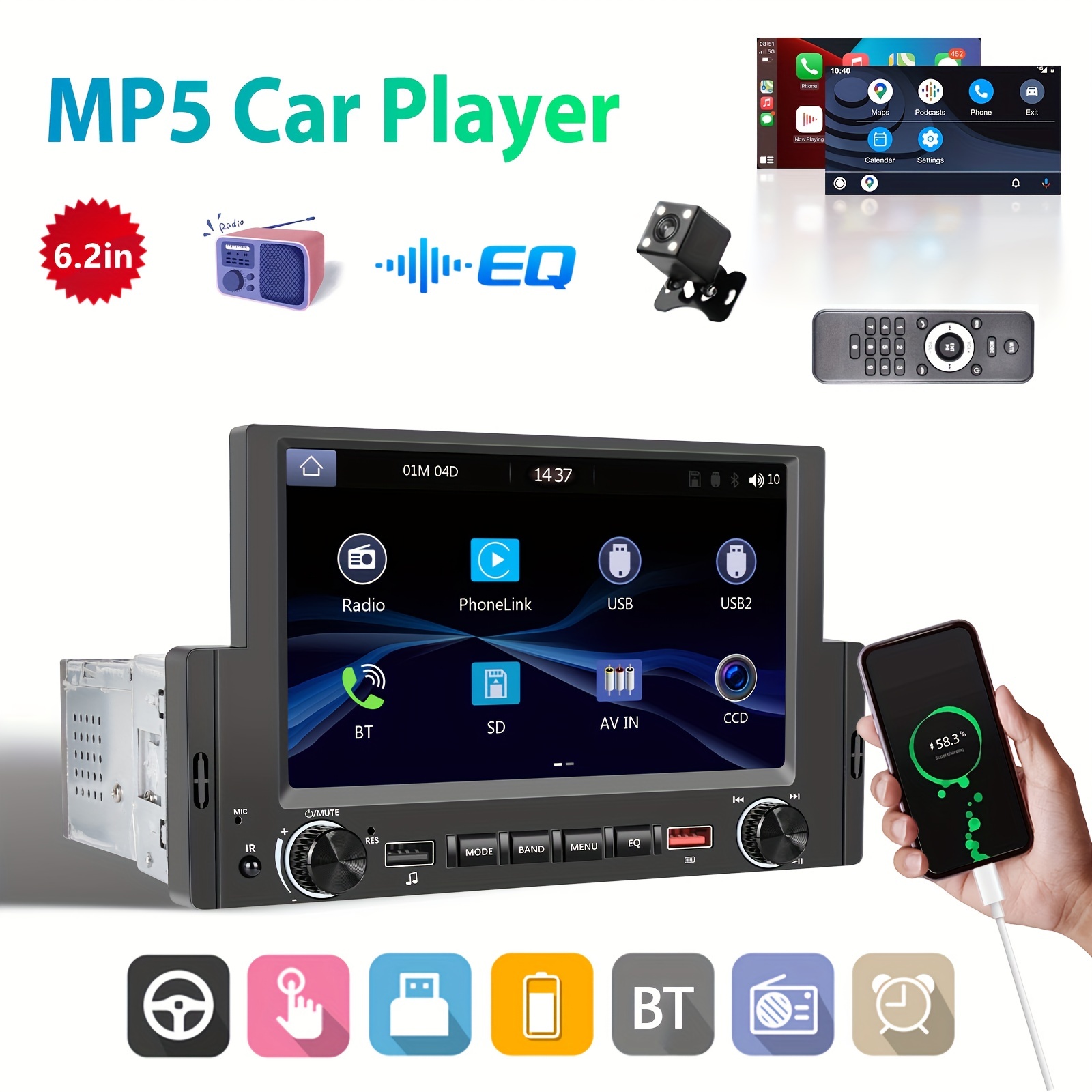 Touch Screen Wifi Android Car DVD Radio GPS Universel Caméra De Recul 1 Din  10'' IPS Android 10 Lecteur MP5 - Temu France